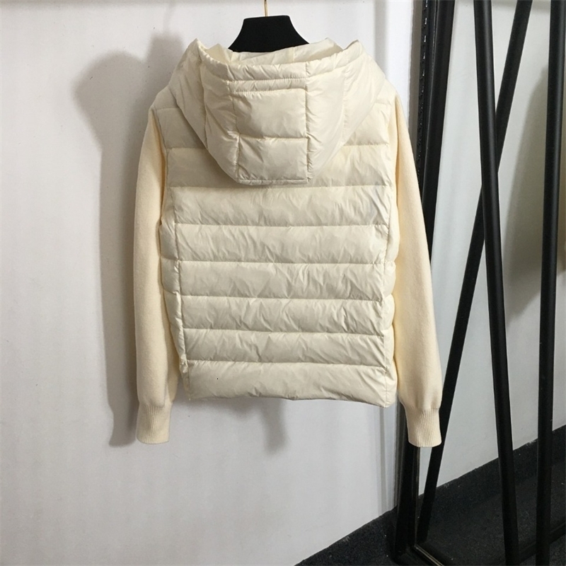 Knitted patch work hood womens down jacket 2024 autumn and winter letter embedding slim suitable for down jackets 241014
