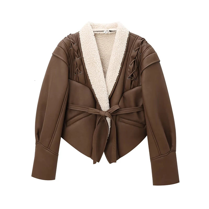 Winter Women Streetwear Parka Faux Lamb Leather Fur Short Jacket with Belt Moto Biker Thick Warm Sheepskin Coat Outwear 241011