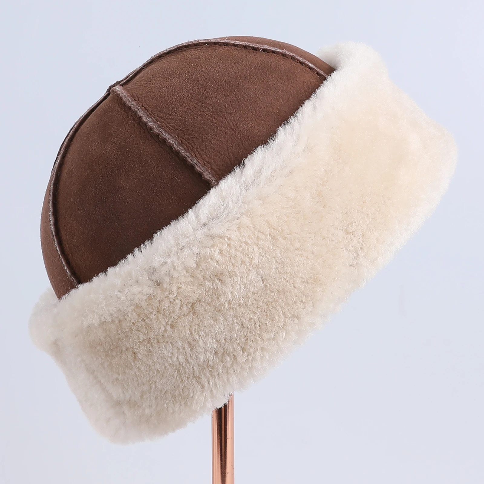 Unisex Genuine Sheepskin Leather Shearling Wool Beanie Hat Winter Warm Thick Soft Fur Cap Hand Stitched High Quality 241009