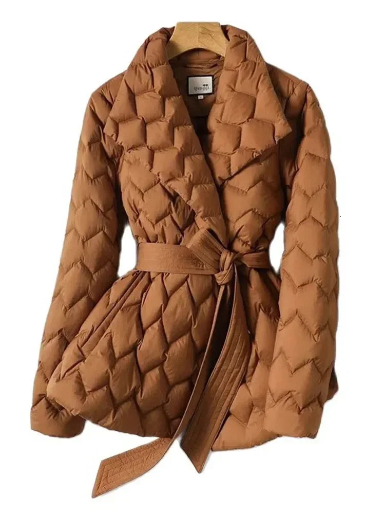 Lightweight Down Jacket with Belt Women Elegant Tie Belt Long Cotton White Duck Down Parka Female Ladies Jackets Winter 241008
