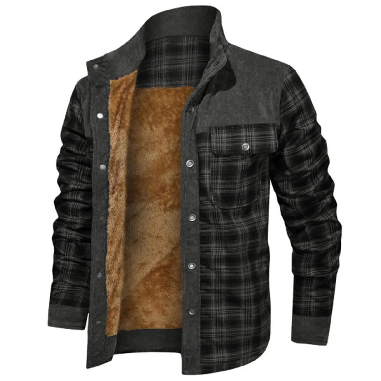 Mens winter wool lined flannel plain weave shirt jacket with buttons down jacket hip-hop street jogging sports jacket 241008