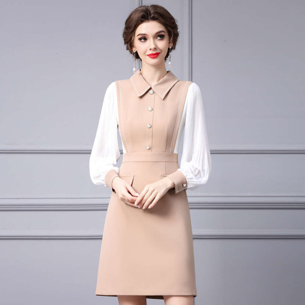 Vêtements féminins intelligents et capables 2024 AUTOMNE Col de chemise de marque haut de gamme Contrassement de robe à manches longues contrasté