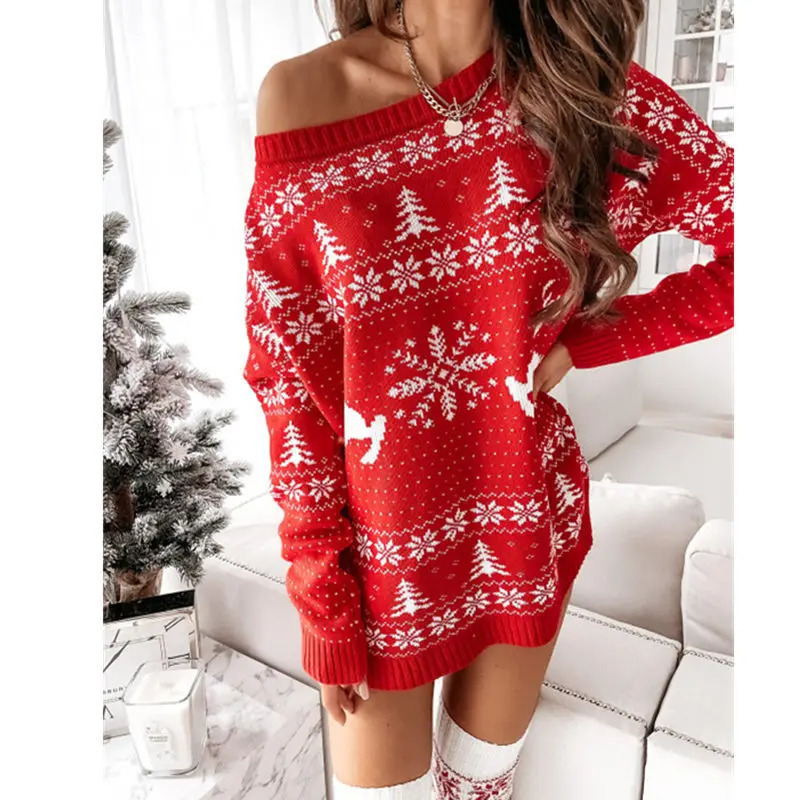 Apparence de Noël Jacquard Pull de femmes imprimées à manches ôts Ongle décontractée robe en tricot lâche Viette Soft Womens Party Robe 241014