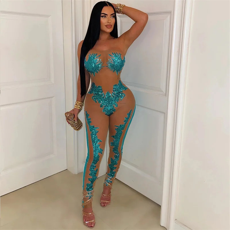 Summer Women Sleeveless Strapless Mesh Patchwork Skinny Sexy Sequins Party Jumpsuit Perspective Night Club 2024 Rompers 240930Z