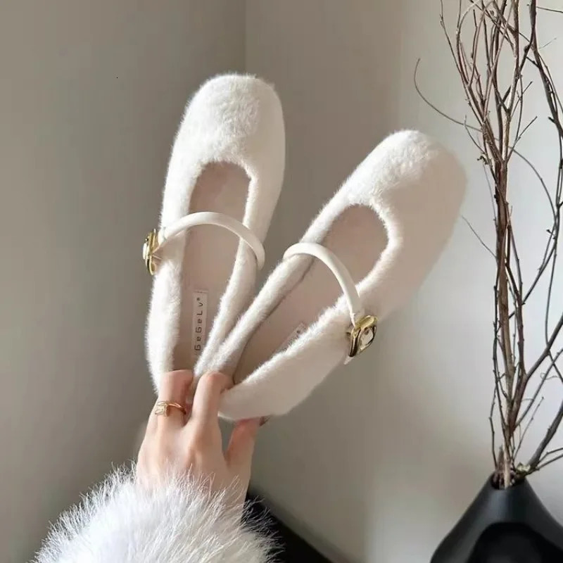 Style élégant sangle de boucle fourrure mary jane chaussures femme confortable soft ballet ballet flats dames pelues peu profondes modes concis d