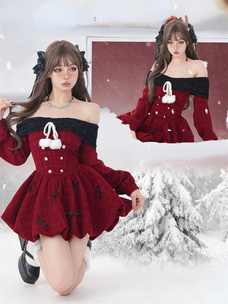 Hiver Christmas rouge kawaii y2k mini robe lolita sweet courte fête robe élégante fashion coréenne femme arc 241014