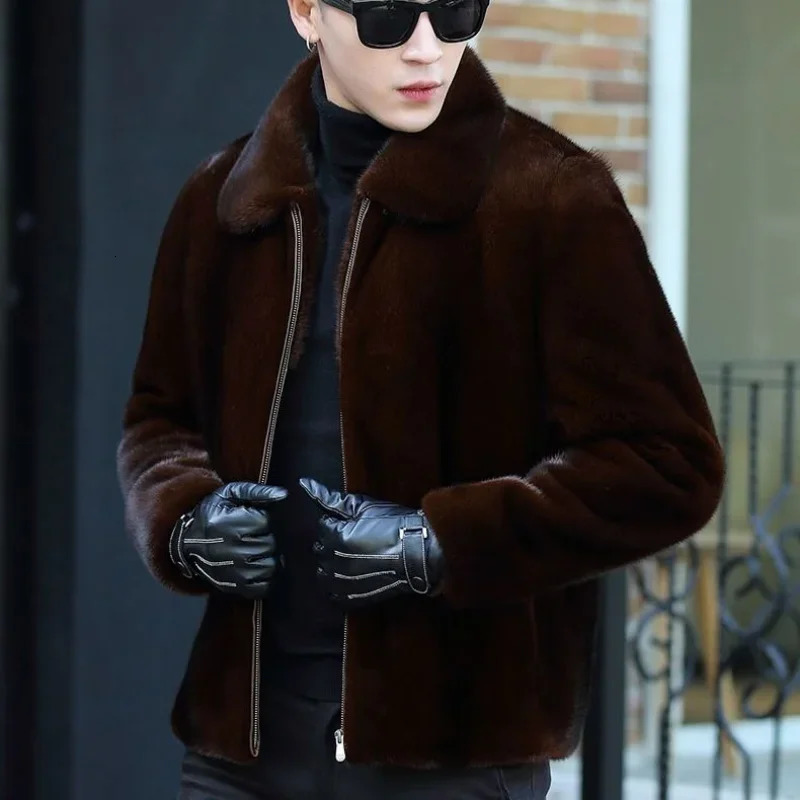 Mens Winter Jacket Faux Fur Coat Long Sleeve Tops Highend Clothing Plus Size Fashion Hooded Lapel 241008
