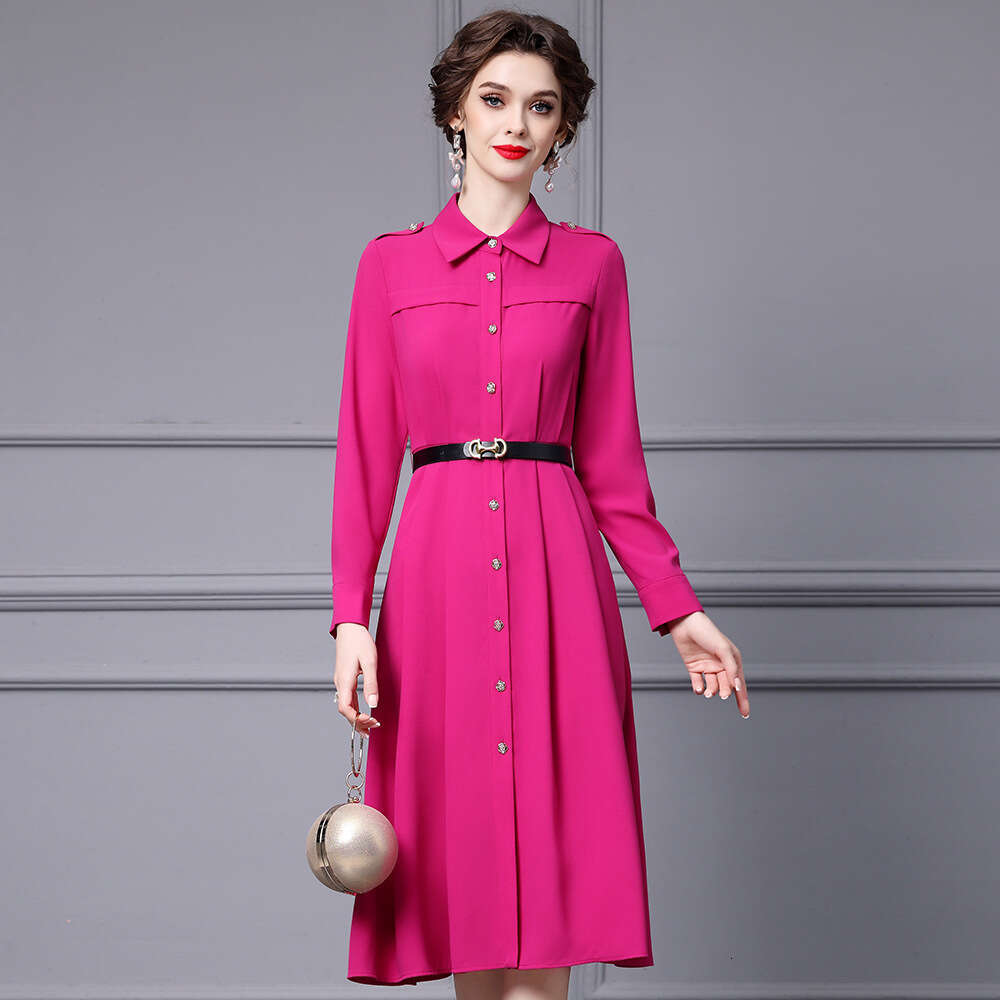Robe de style de navettage professionnel 2024 Édition d'automne Rose Red Belt Waist Collection à manches longues Single Breasted Shirt Jirt Women