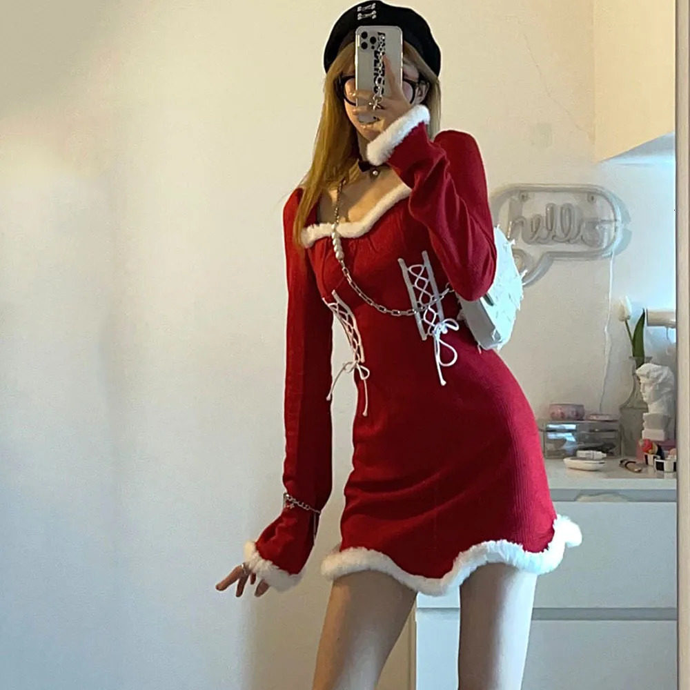 Womens Sexy Year Dress Winter Square Collar Fur Long Sleeve Autumn Womens Christmas Party Club Dress 241014