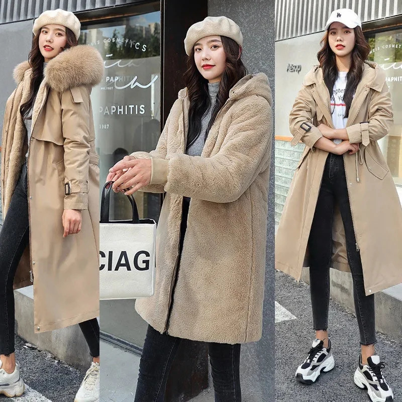 2023 Winter Jacket Long Solid Wool Liner Female Parkas Hooded With Fur Collar Thick Coat Outwear Puffer 241011