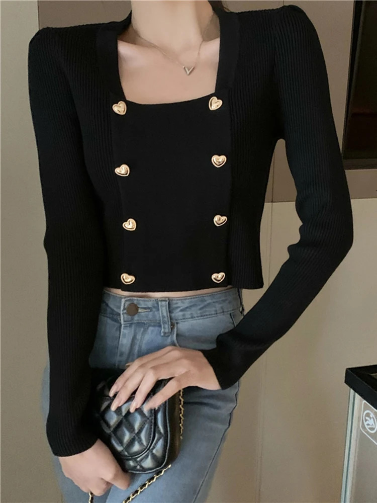 Collier carré court Pull en tricot pour femmes Coréen Vêtements Love Bouton Sweater à manches longues automne et latte d'hiver Art 241014