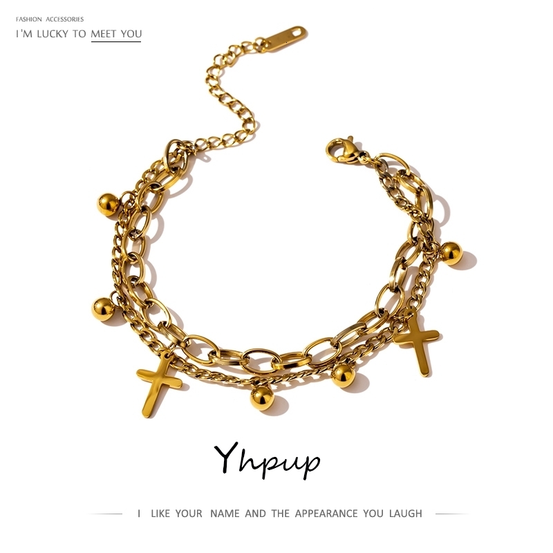 Yhpup Stainless Steel Cross Layered Bracelet for Women Charm Metal 14 K Plated Trendy Golden Wrist Unique n Jewelry 240919