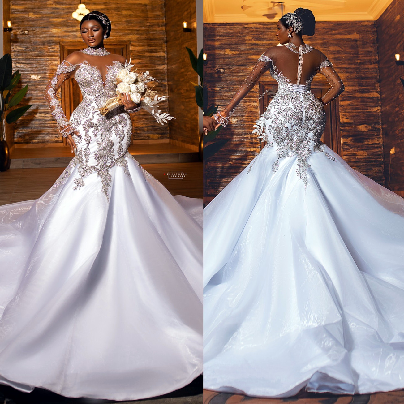 2024 arabe aso ebi plus taille ivoire robes de mariée sirène en dentelle en dentelle complète
