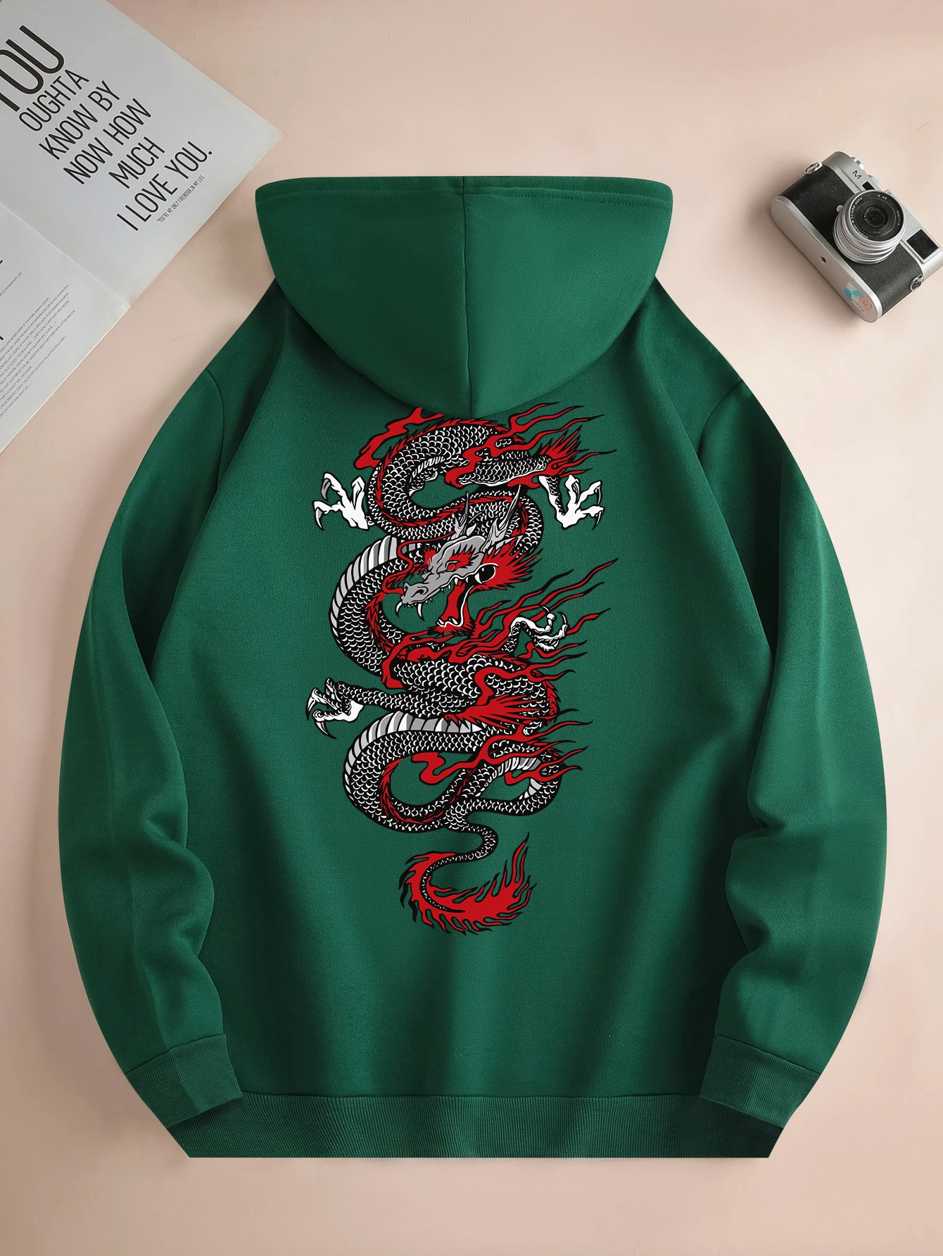 Mens fashion hoodie casual daily drawstring hooded sweatshirt dragon print front kangaroo pocket mens jacket 241011