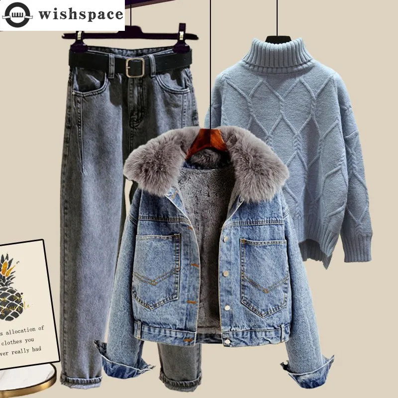 Collier en laine épaisse en peluche d'hiver coréen veste en tricot en tricot jean lâche trois pièces pantalon féminin élégant ensemble 241015