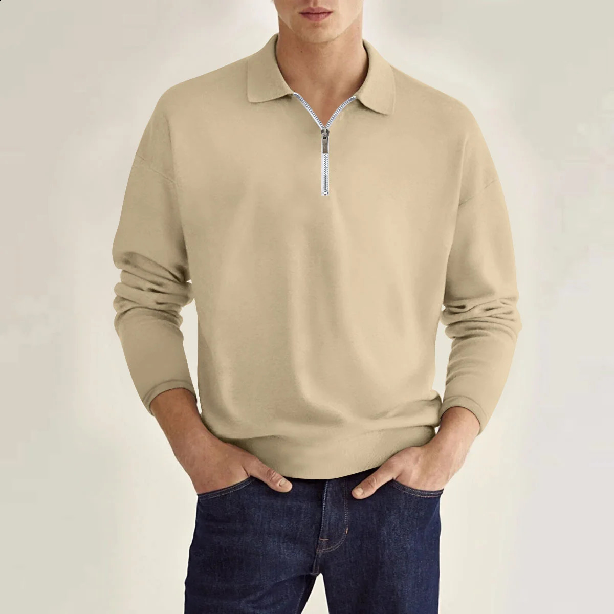 Spring and Autumn Classic Mens Daily Casual Preparatory Style Solid Color Zipper Decoration Loose Collar Long Sleeve Polo Shirt 241015