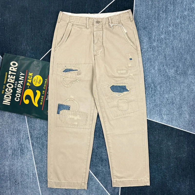 Ripped Hole Distressed Washed 100 Cotton Denim Jeans for Men Vintage American Casual Loose Tapered Straight Pants Streetwear 241008