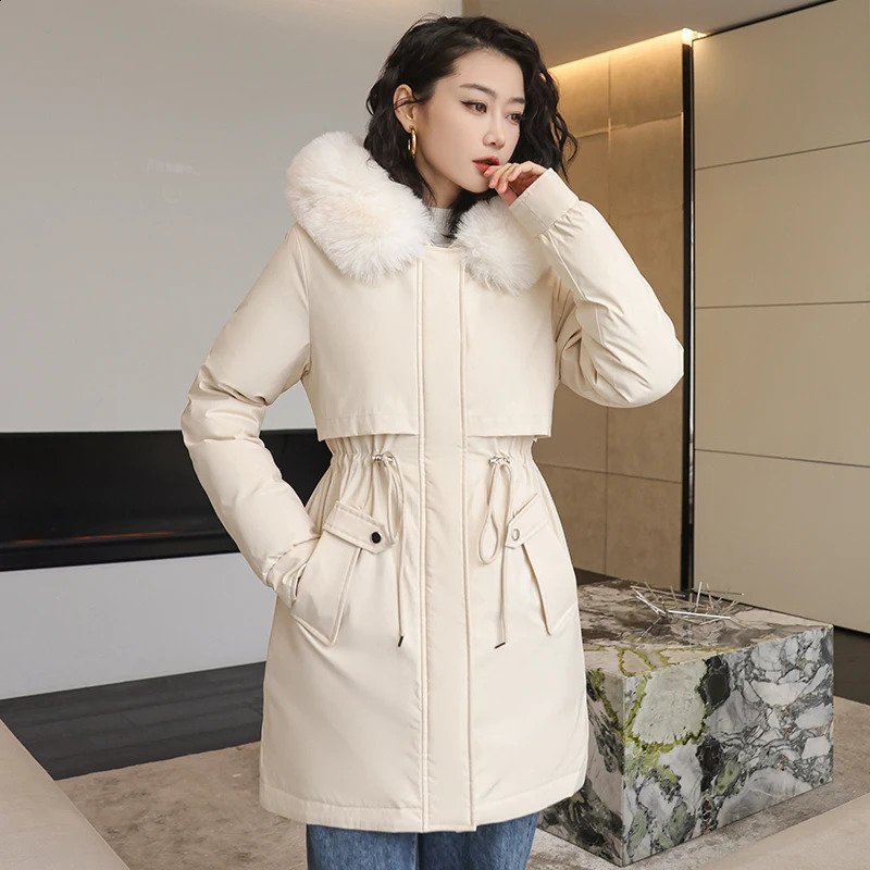 Winter Women Hooded Parka Jacket 2023 Fashion Long Coat Wool Parkas Slim With Female Fur Collar Warm Loose Overcoat 241011