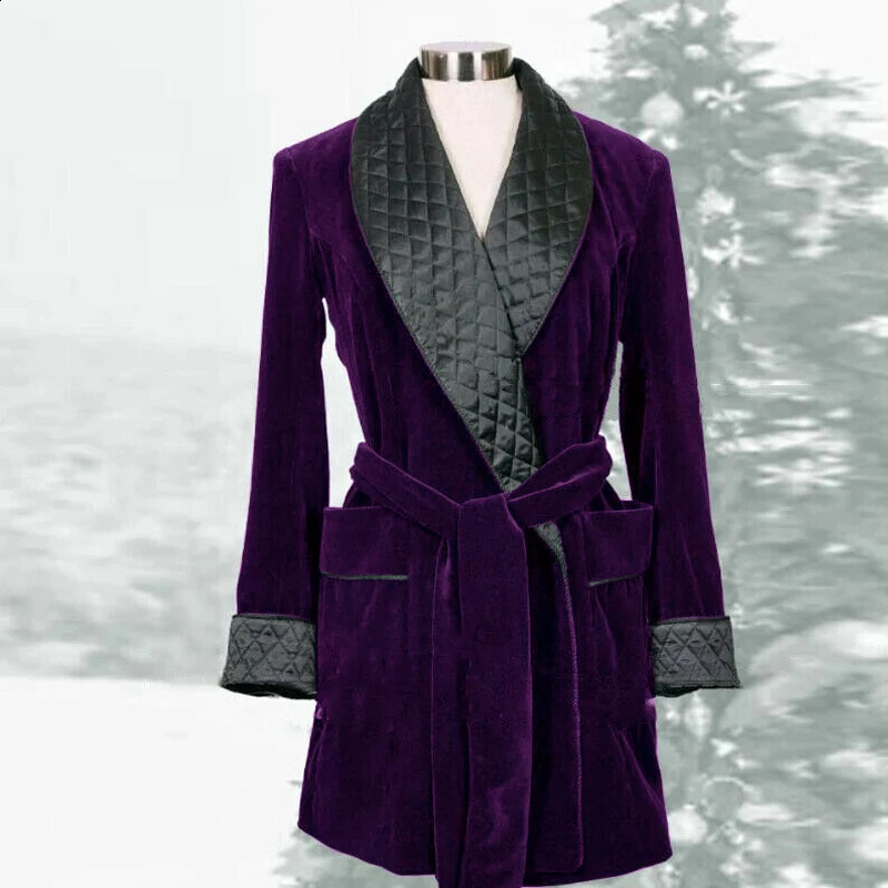 Mens suit purple velvet smoking jacket black shawl lapel formal tailcoat one long coat ultra-thin fit Costum Made Terno 2024 241015