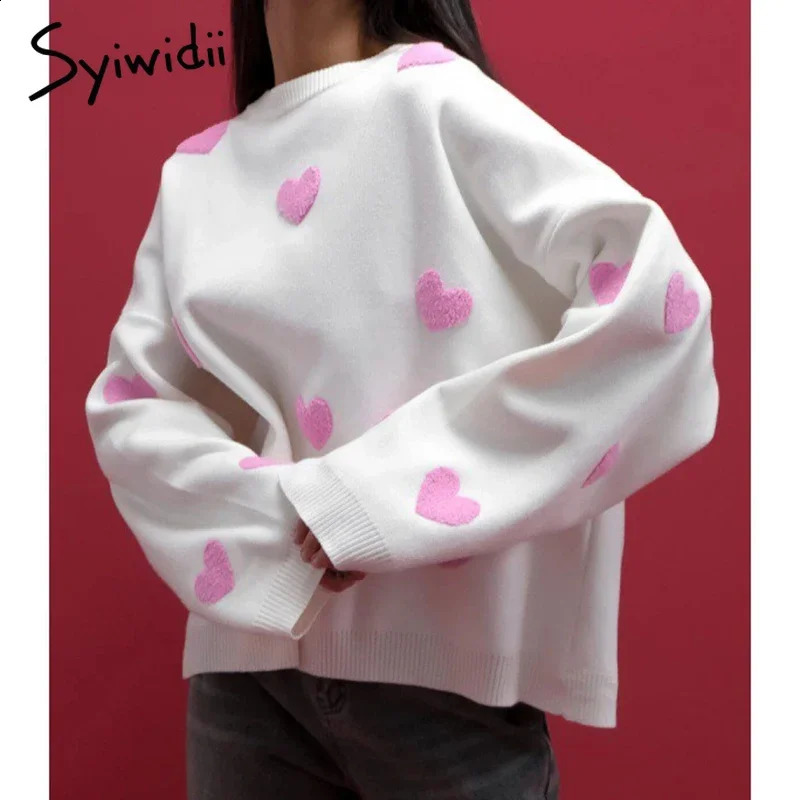 Syiwidii Women Heart Embroidery Sweater Loose Long Sleeve O Neck Pullover 2024 Autumn Winter Casual Fashion Knitted Streetwear 241007Z
