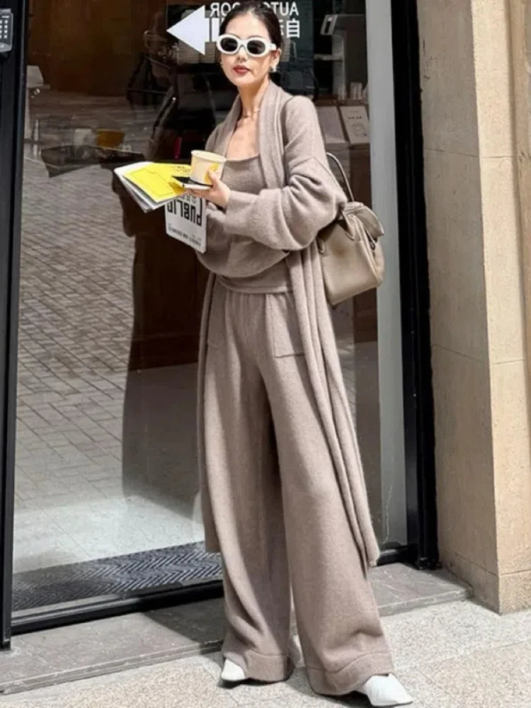 Autumn and Winter Three piece Casual Long Sleeve Knitted Open Skirt Tank Top High Waist Pants Casual Fashion Comfort Set 241015
