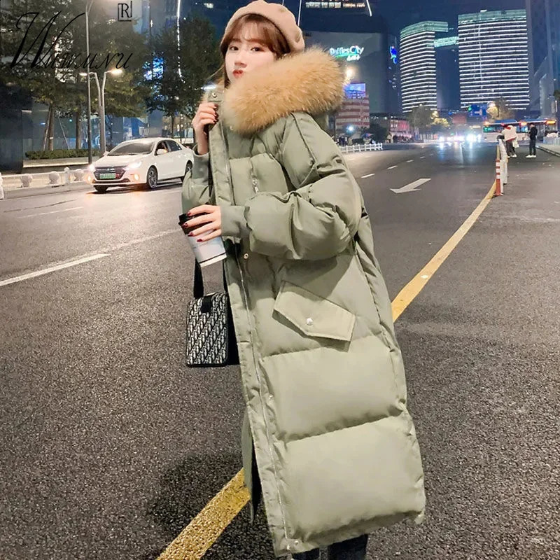 Parka longue à capuche avec col en fausse fourrure pour femme, veste d'hiver ample et chaude en coton, mode coréenne, vêtements de neige, pardess