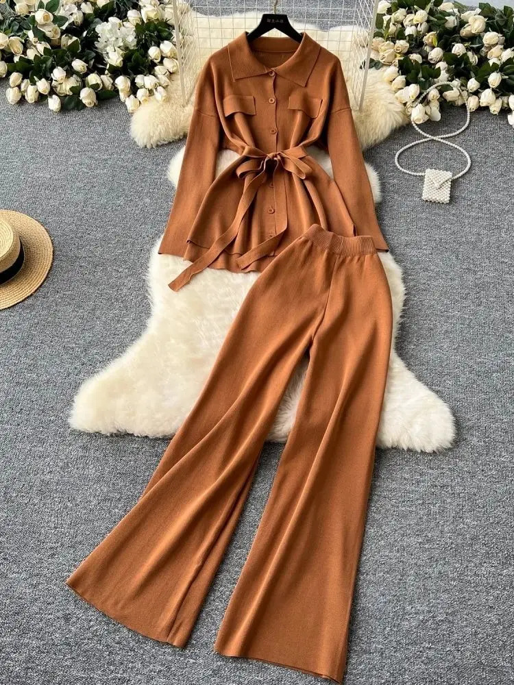 Autumn solid color knitted 2-piece set womens fashion belt cardigan sweaterwide leg pants set womens winter set 241015