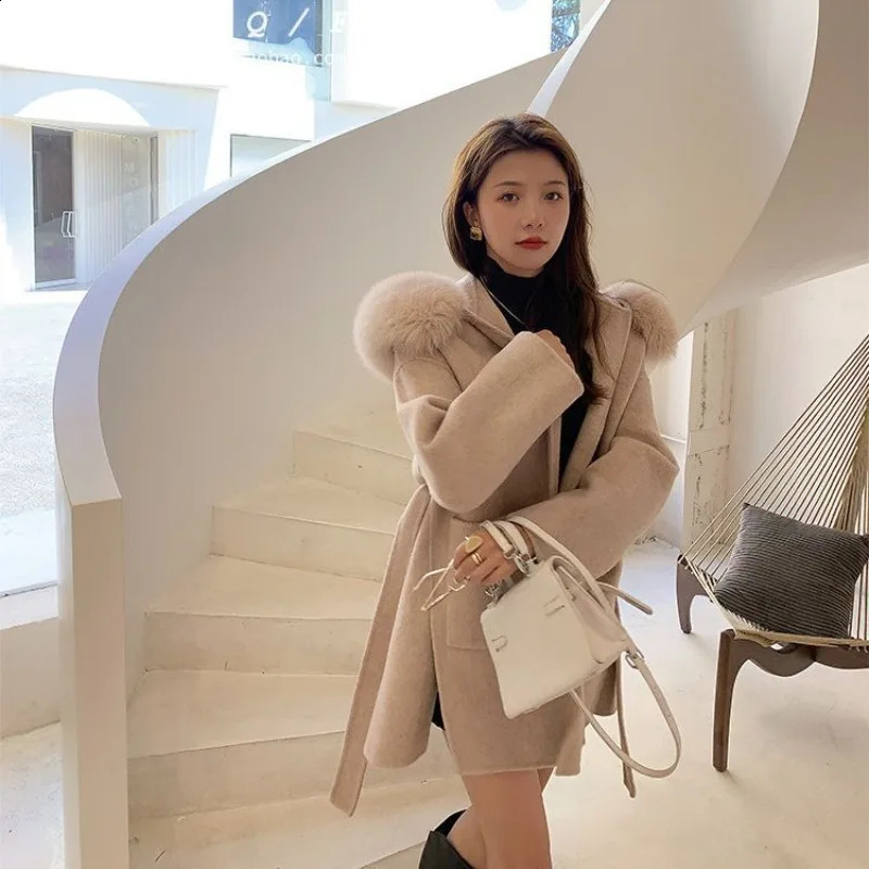 Loose Autumn Winter Fox Fur Collar Hooded Wool Cashmere Coat Womens Medium to Long Wool Jacket Coat Womens Coat 241015