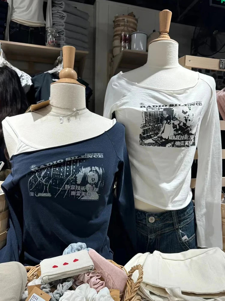 Rock Print Original Decorative Long Sleeve T-shirt Womens Sexy Slant Neck White Cotton Ultra Thin T-shirt Retro Classic Casual T-shirt Y2k Top 24101