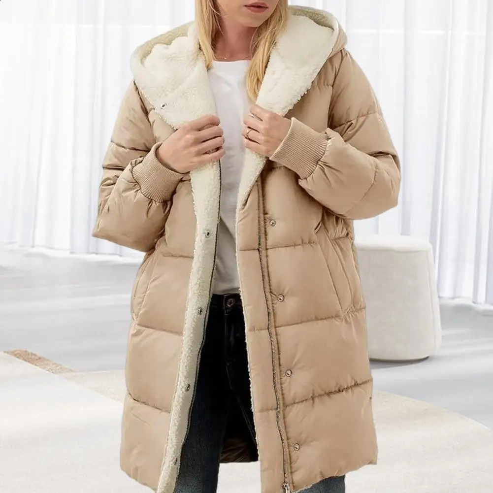 Winter Women Coat Thick Fleece Lining Windproof Zipper Closure Hooded Heat Retention Cardigan Down Jacket 241008