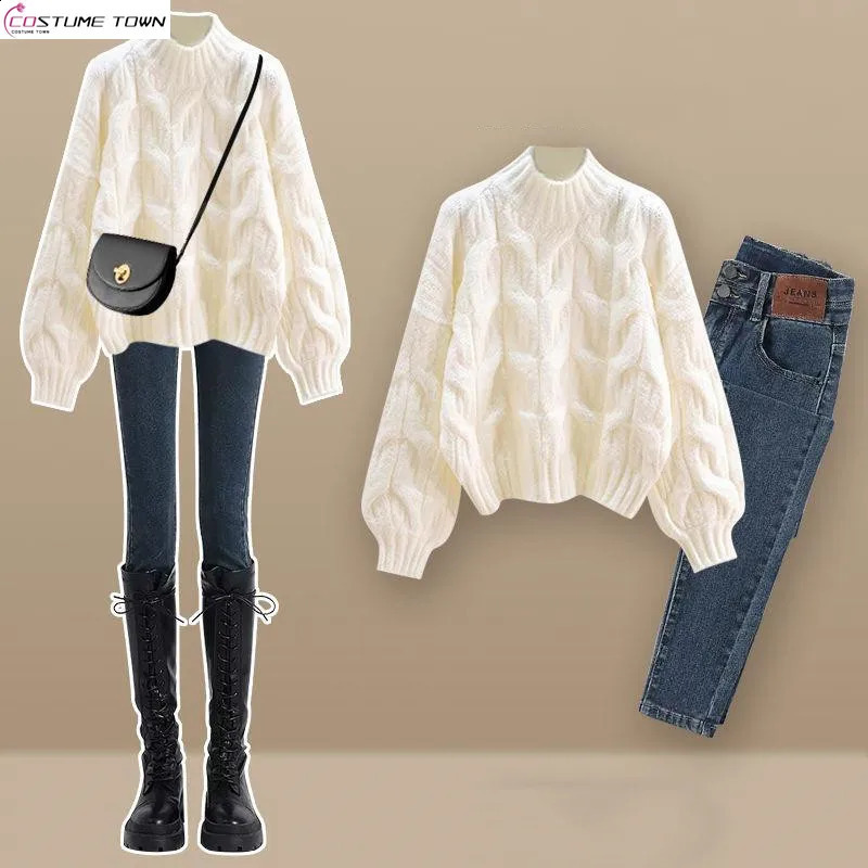 Autumn/Winter Korean Womens Set Half High Collar Knitted Flower SweaterWeight Loss Jeans Two Piece Set 241015