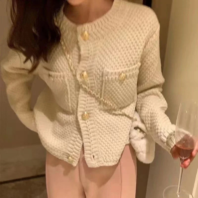 Knitted cardigan wool sweater French retro gold button sweater womens autumn and winter short knitted green 241015