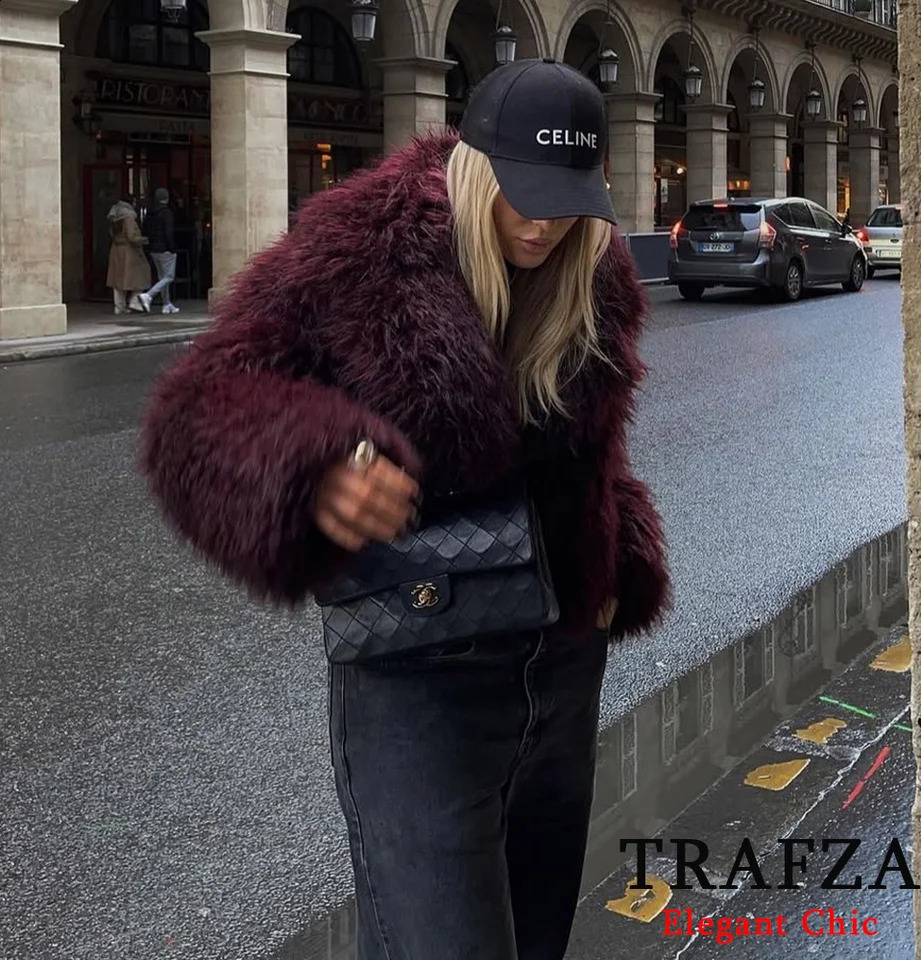 TRAFZA Womens Fashion Winter Solid Big Collar Coat Artificial Fur Coat Jacket Autumn Winter Slow Burgundy Black Grey Coat 241015