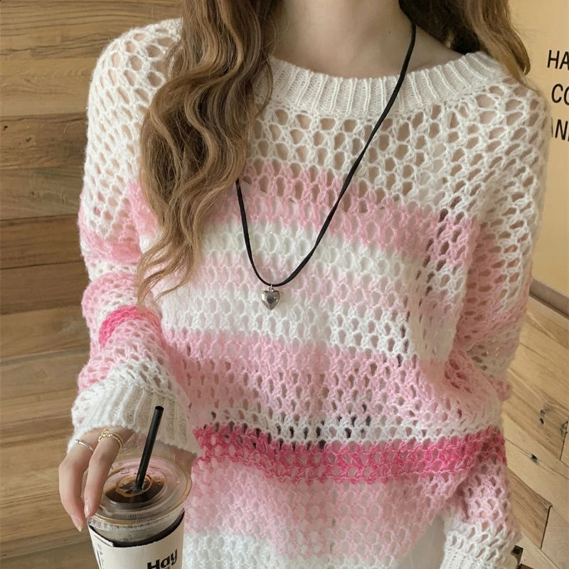 Pink long sleeved T-shirt for womens summer thin hollow ice fiber knitted sunscreen workwear Korean style loose top rainbow stripe 241015