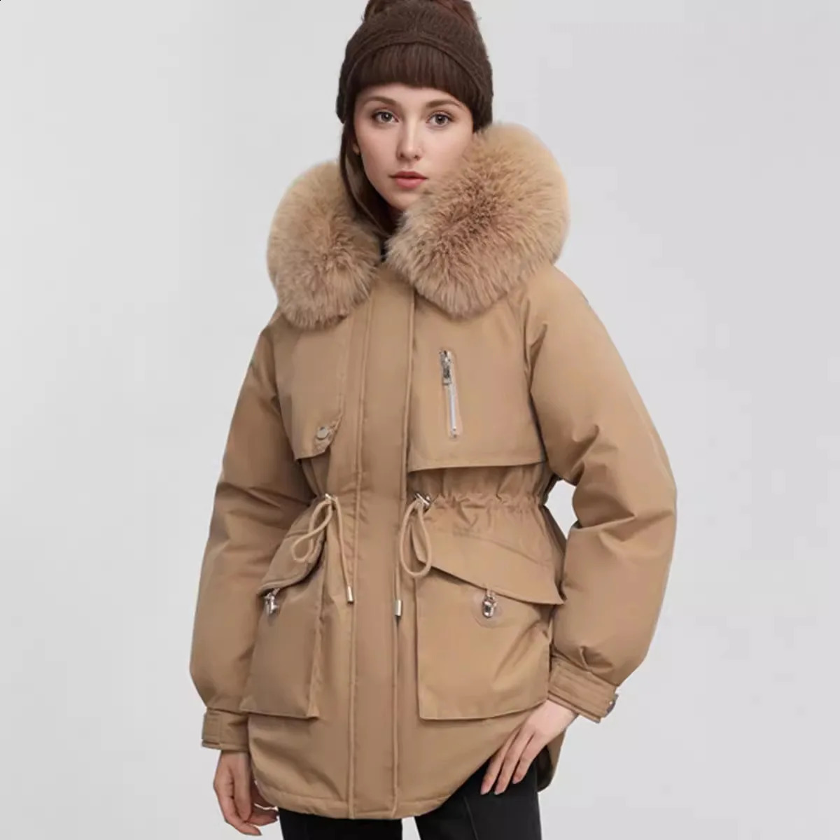 Womens Parkas 2024 Winter Womens Cotton Jacket Fur Collar Warm Hoodie Womens Waist Brushed Weight Loss Winter Jacket 241015