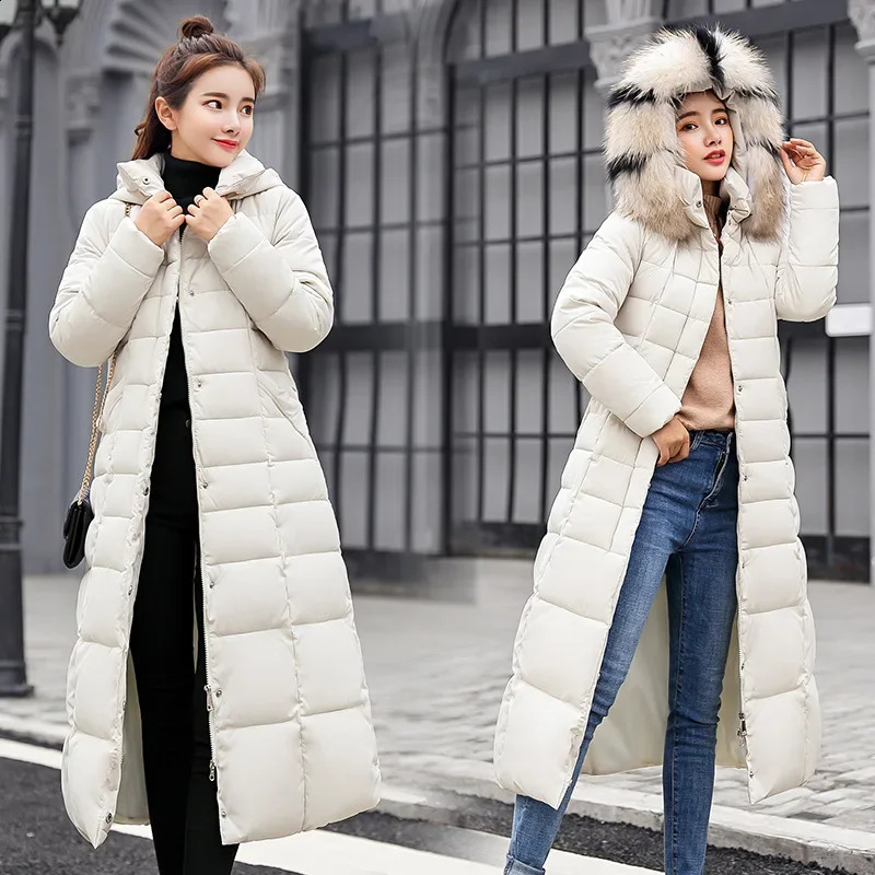 X-Long Down Jacket Women Casual Thick Warm Padded Coat Winter Loose Solid Hooded Parkas Lady Korean Fashion Solid Long Overcoa 241008