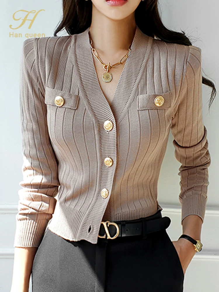 H Han Queen Korean Chic VNeck Knitted Cardigan Sweater For Women Casual Basic Long Sleeve Cardigans Autumn Vintage Sweaters Top 241010
