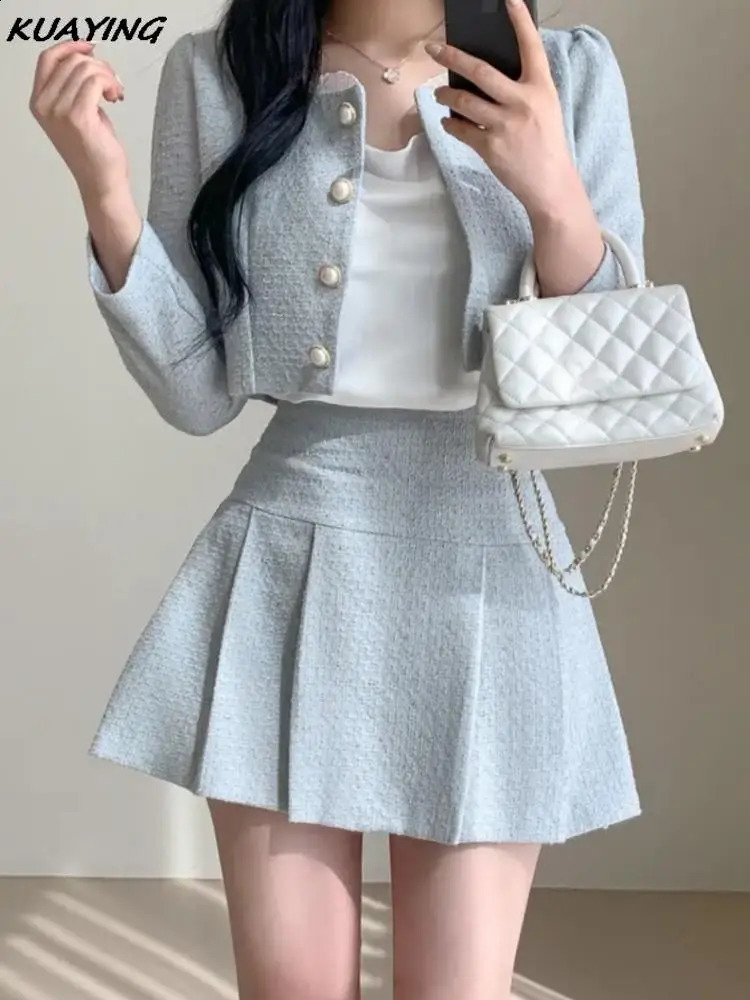 Y2K automne petit parfum tweed deux pièces élégant veste veste-ligne plissée mini robe femme coréenne serrée 241014