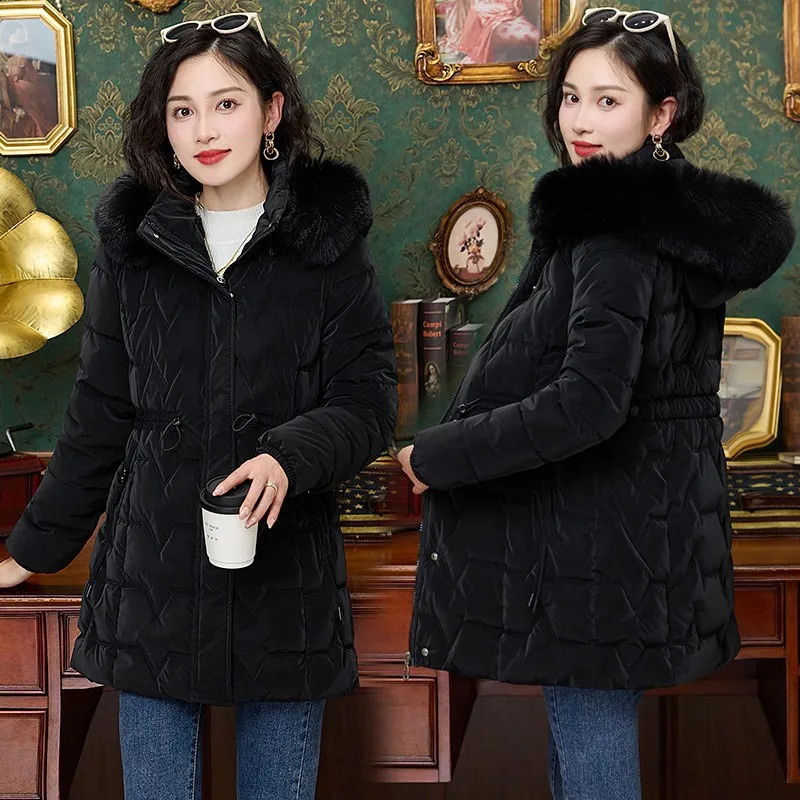Women Winter Jacket Fashion Midlength Clothes Slim Fur Collar Thick Cotton Coat Elegant Parka Overcoat Female Casual Outwear 241011
