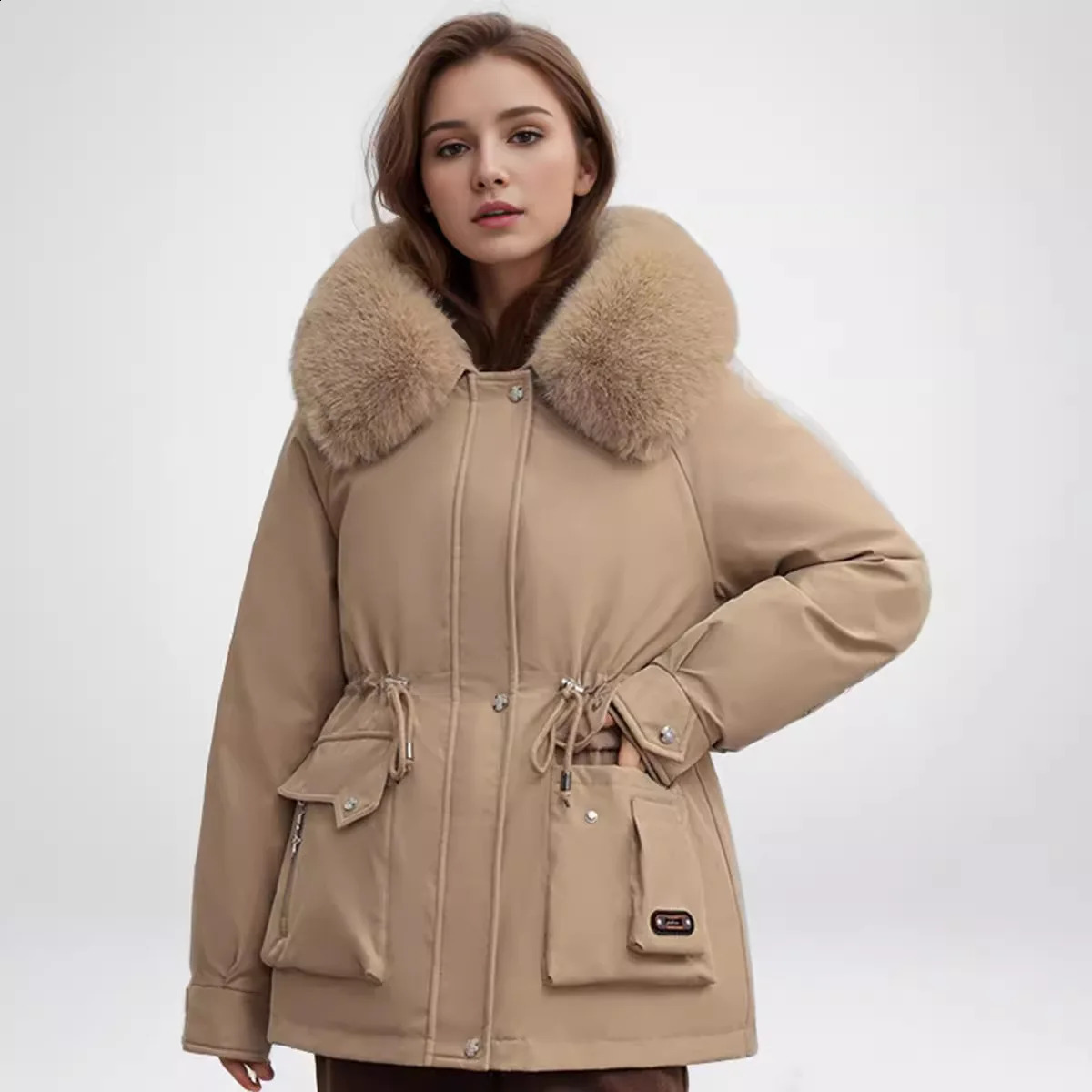 2024 Winter Womens Jacket Fur Collar Thick Warm Casual Cotton Jacket Womens 2-Pocket Brushed Waist Wrinkle Parka Jacket 241015