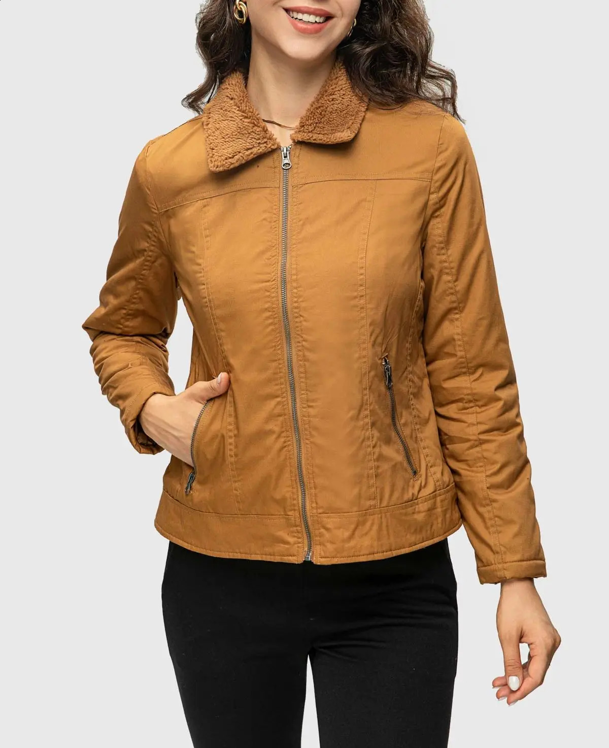 Fashionspark Womens Polar Wool Truck Jacket with Wool Lining Sherpa Coat Thick Winter Warm Tight Coat Slim Fit Coat 241008