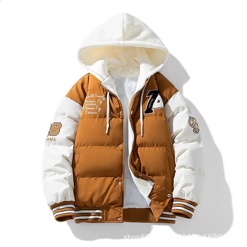 Mens Winter Vacation Two piece Down Cotton Jacket Mens Casual Loose Embroidered Hoodie Parkas Coats Thick Cushion Warm Y2K Jacket 241015