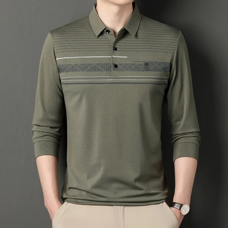 Mens European clothing spring summer autumn long sleeved polo shirt mens casual fashion loose zipper striped button top 241015
