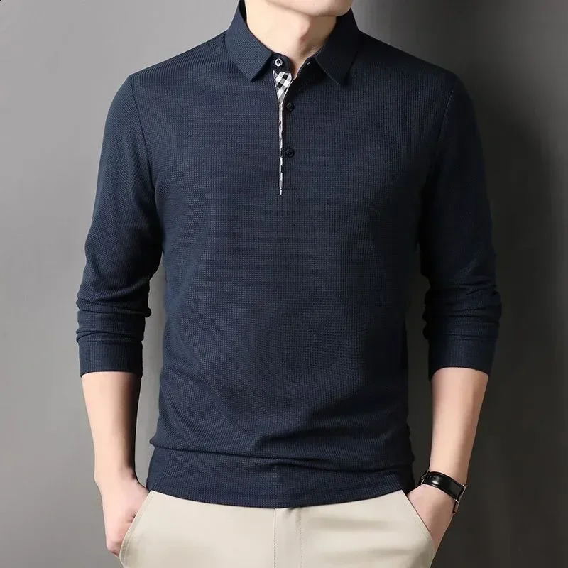 Mens long sleeved solid casual polo shirt spring and autumn loose street style mens spliced lapel plain weave business office top 241015