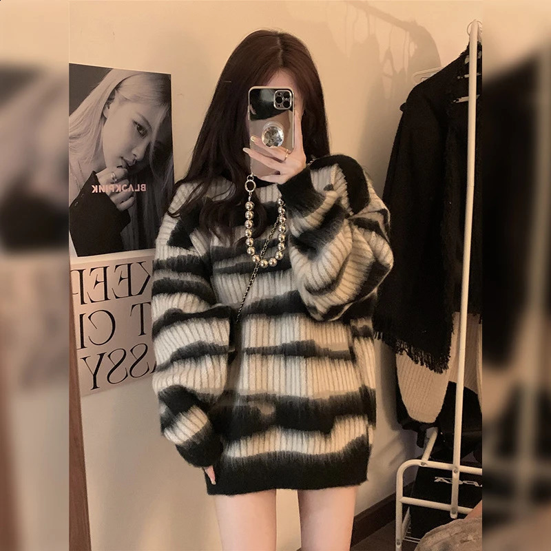 Women Soft Glutinous Stripes Gentle Style ONeck Long Sleeve Thicken Pullover Sweater 2023 Autumn Winter Loose Vintage Knit Top 241007Z