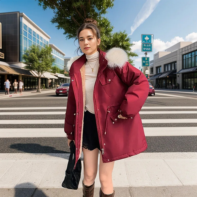 2024 Winter Womens Parkas Coats Womens Fur Collar Thickened Warm Cotton Jacket Womens Brushed Waist Folded Jacket 241015