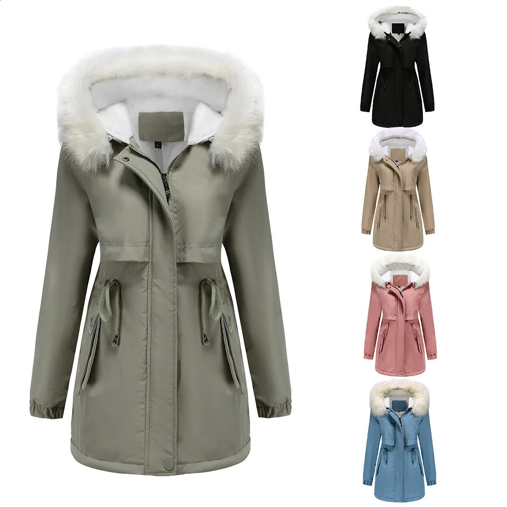 2024 Winter Womens Parka Female Detachable Hooded Fur Collar Thicken Cotton Jacket Women Long Drawstring Warm Padded 241011