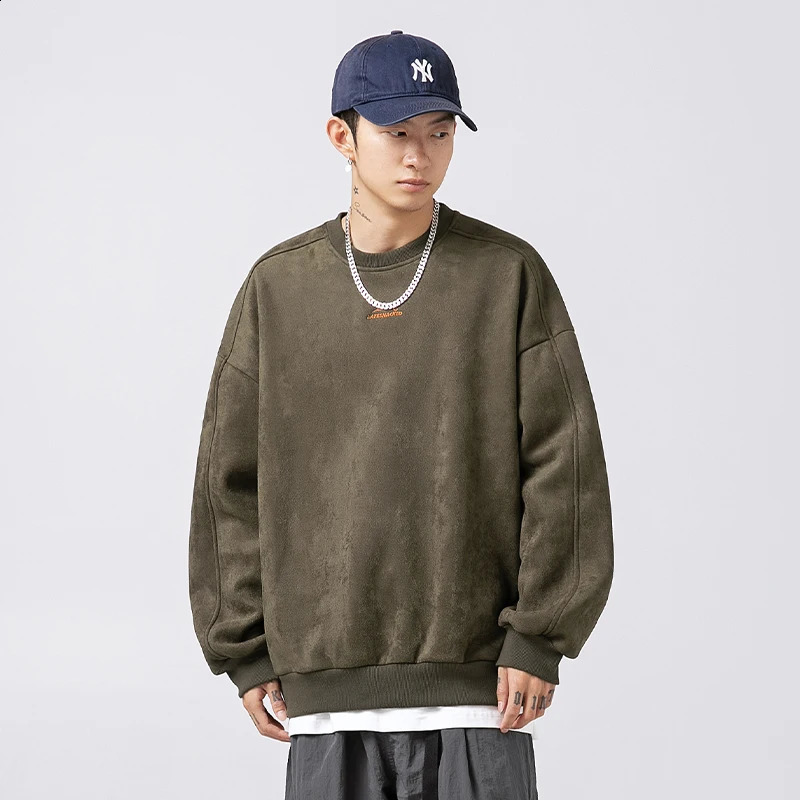 350g Suede Round Neck Sweatshirt for Men Spring Japanese Style Heavyweight ed Loose Fit Embroidered Top Outerwear 241011