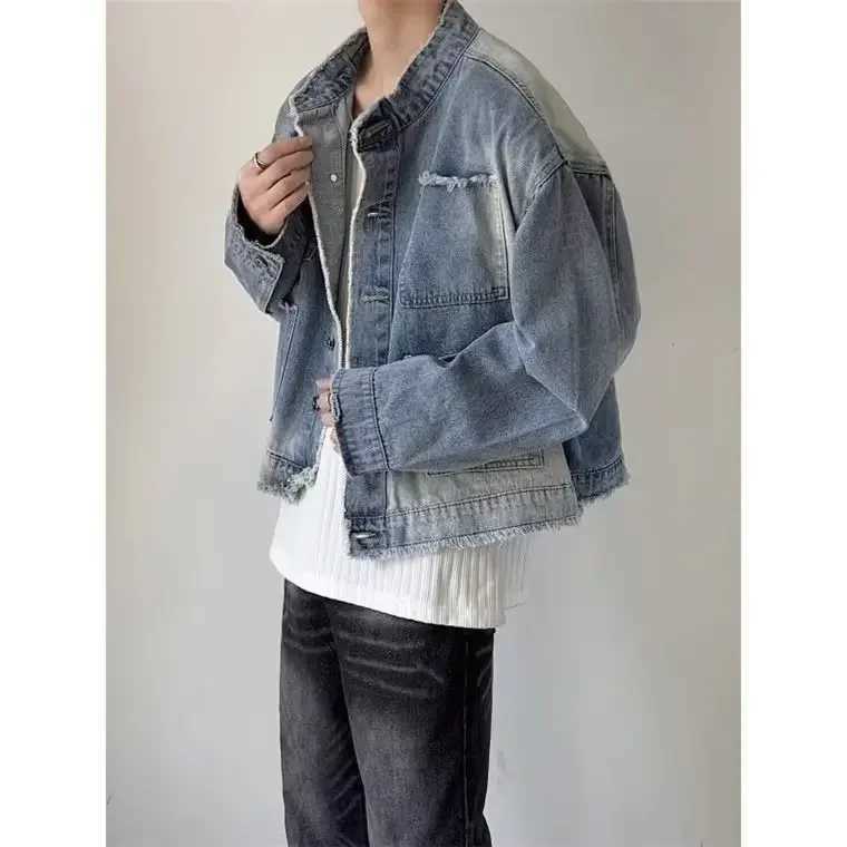 Nouvelle veste rétro en jean avec pavé de lavage à collier de support de bord pour les épaules pour hommes de style coréen ajustement lâche adapt