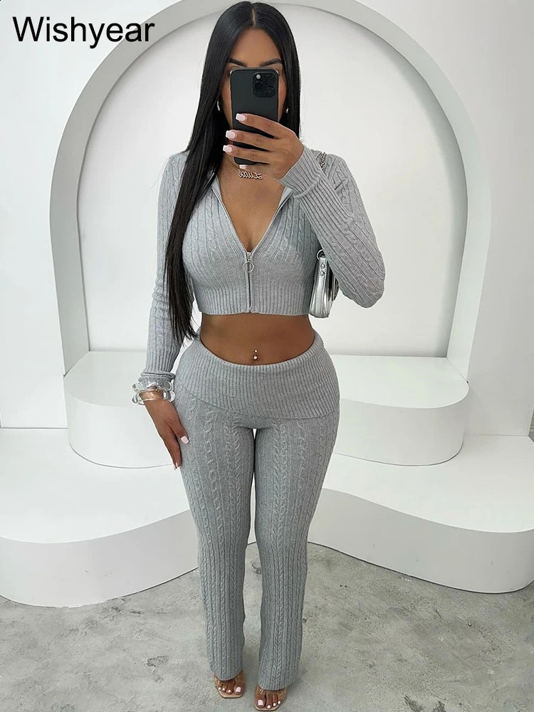 Winter Warm Thick Sweater Womens Two Piece Set Knitted Long Sleeve Zipper Hoodie Tailored Top and Shining Pants 241015